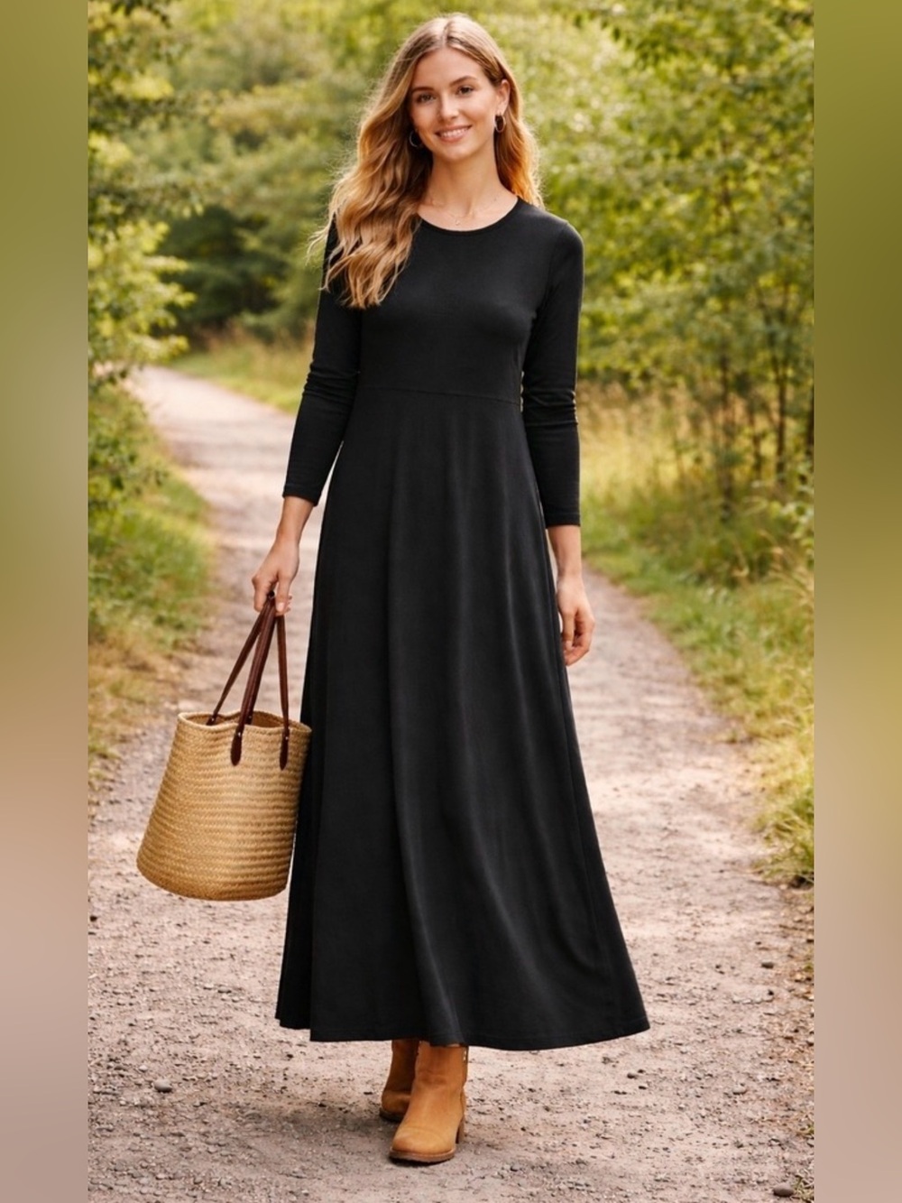 L.L. Bean Black Long-Sleeve  Empire Waist Maxi Dress Size Large Reg OJA41 EUC